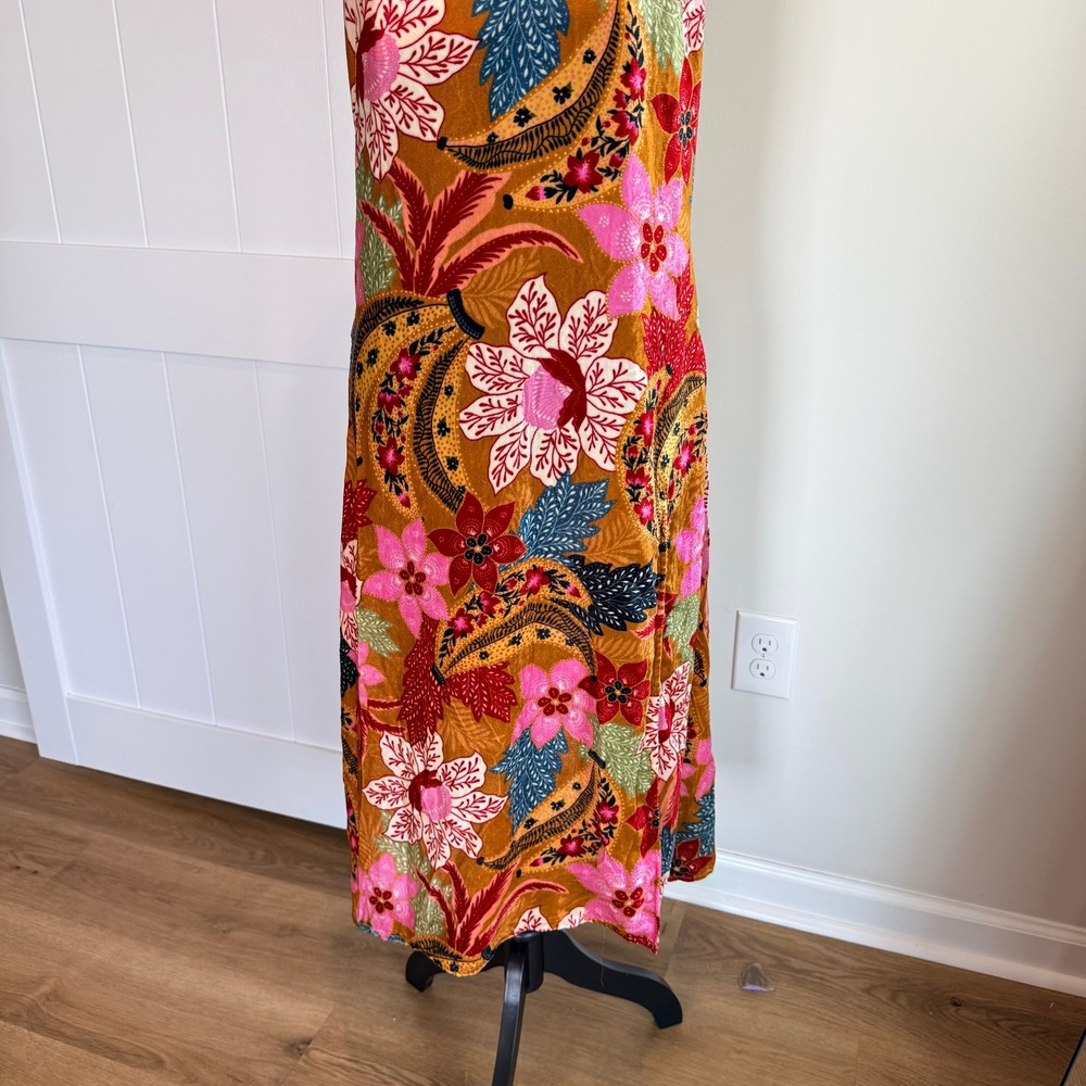 FARM Rio Banana Floral Velvet Midi Dress Small Orange Pink Tropical Slit Slip S - Picture 3 of 7